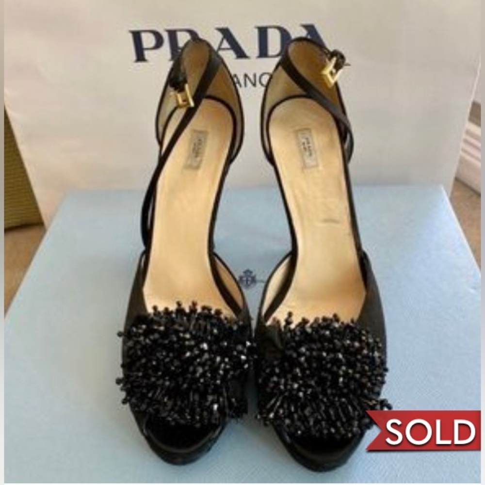 Authentic Prada heals in black satin with ankle straps
